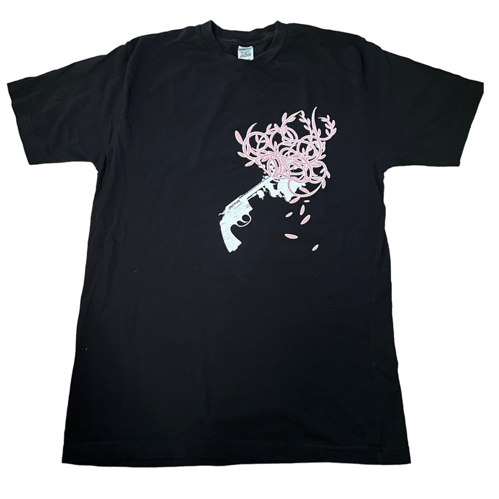 100% Cotton Short Sleeve Black T-Shirt w/Gun Graphic in White and Pink